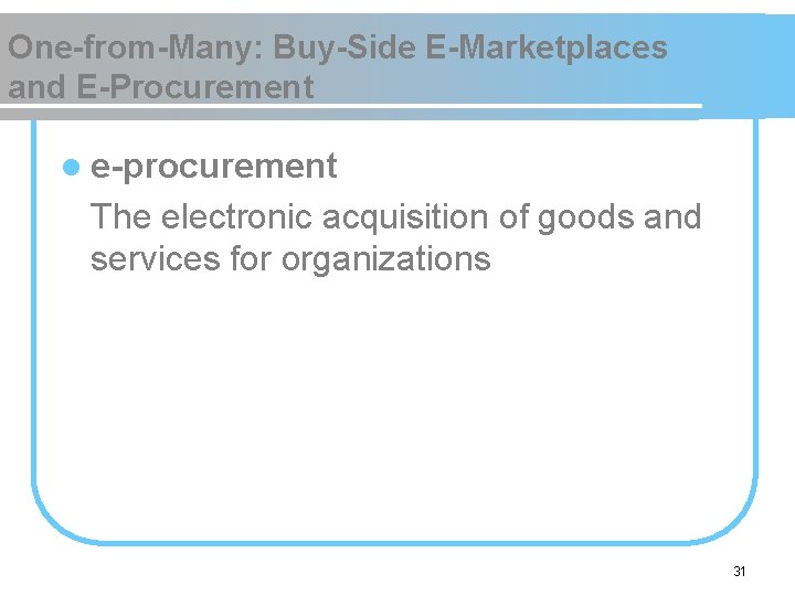 One-from-Many: Buy-Side E-Marketplaces and E-Procurement l e-procurement The electronic acquisition of goods and services