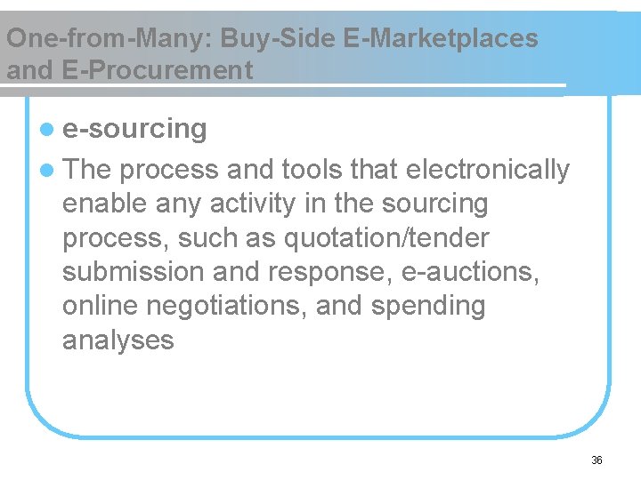 One-from-Many: Buy-Side E-Marketplaces and E-Procurement l e-sourcing l The process and tools that electronically