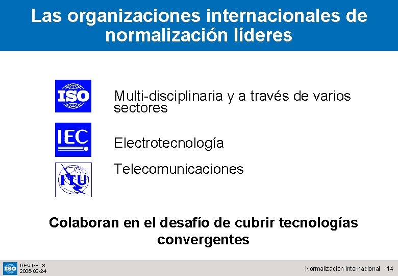 Las organizaciones internacionales de normalización líderes Multi-disciplinaria y a través de varios sectores Electrotecnología