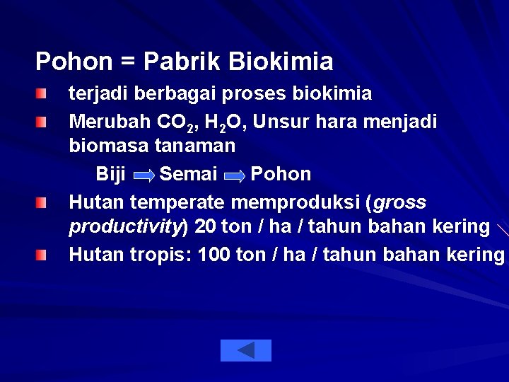 Pohon = Pabrik Biokimia terjadi berbagai proses biokimia Merubah CO 2, H 2 O,