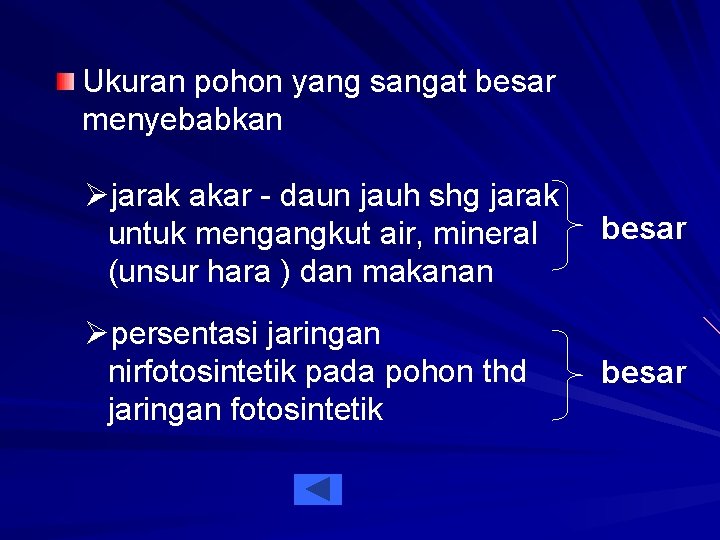 Ukuran pohon yang sangat besar menyebabkan Øjarak akar - daun jauh shg jarak untuk