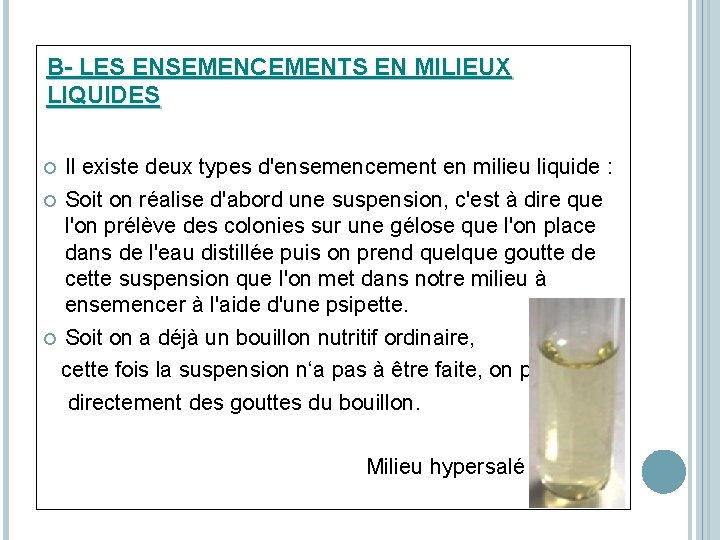 B- LES ENSEMENCEMENTS EN MILIEUX LIQUIDES Il existe deux types d'ensemencement en milieu liquide