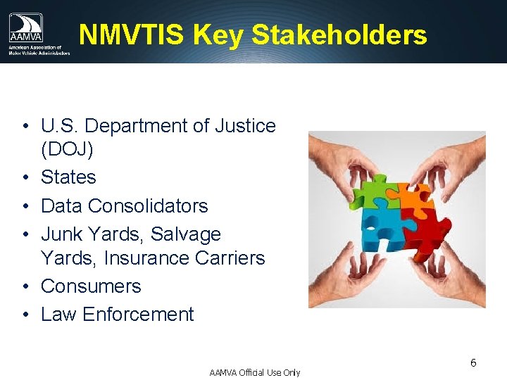 NMVTIS Key Stakeholders • U. S. Department of Justice (DOJ) • States • Data