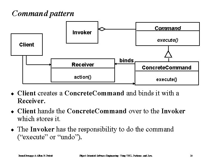 Command pattern Command Invoker execute() Client Receiver binds Concrete. Command action() ¨ ¨ ¨