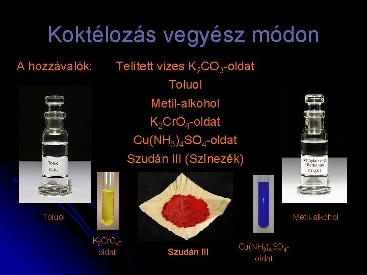 Koktélozás vegyész módon A hozzávalók: Telített vizes K 2 CO 3 -oldat Toluol Metil-alkohol