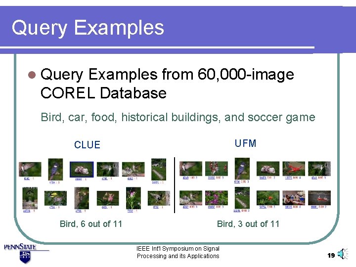Query Examples l Query Examples from 60, 000 -image COREL Database Bird, car, food,