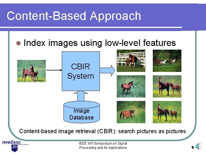Content-Based Approach l Index images using low-level features CBIR System Image Database Content-based image