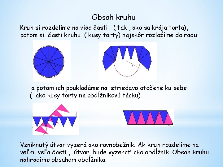 Obsah kruhu Kruh si rozdelíme na viac častí ( tak , ako sa krája
