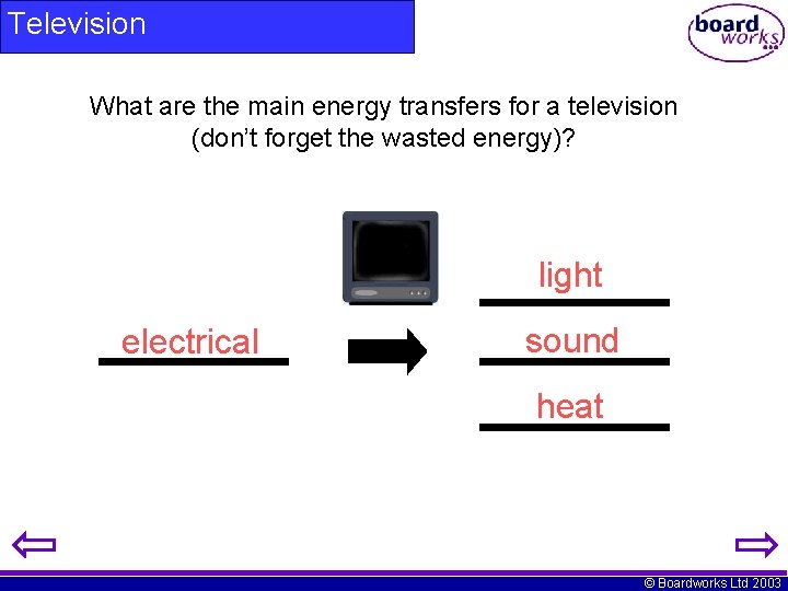 Television What are the main energy transfers for a television (don’t forget the wasted