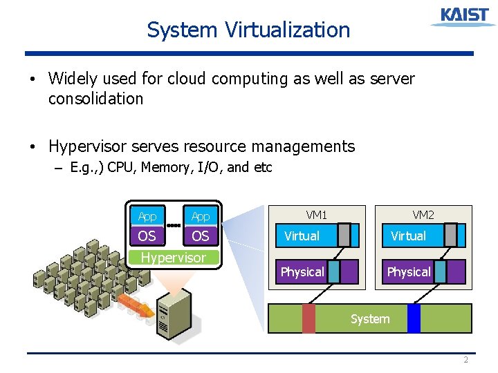 System Virtualization • Widely used for cloud computing as well as server consolidation • System Virtualization • Widely used for cloud computing as well as server consolidation •