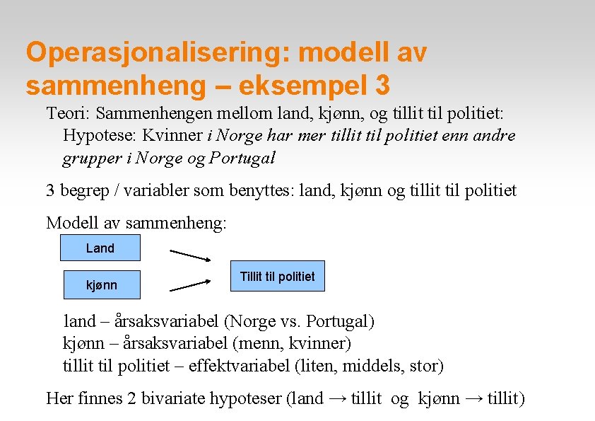 Operasjonalisering: modell av sammenheng – eksempel 3 Teori: Sammenhengen mellom land, kjønn, og tillit