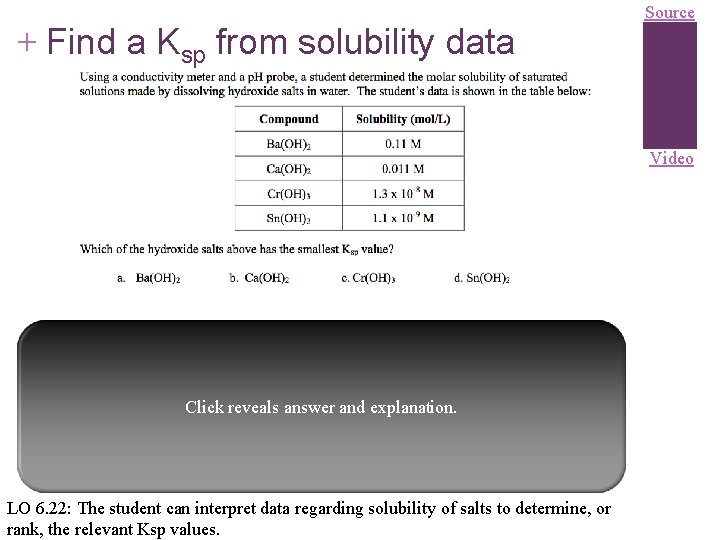 + Find a Ksp from solubility data Source Video Click reveals answer and explanation.