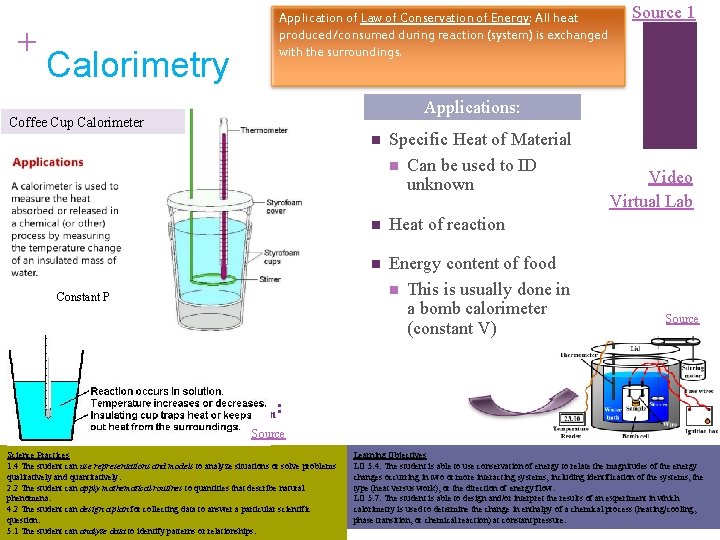 + Calorimetry Application of Law of Conservation of Energy: All heat produced/consumed during reaction