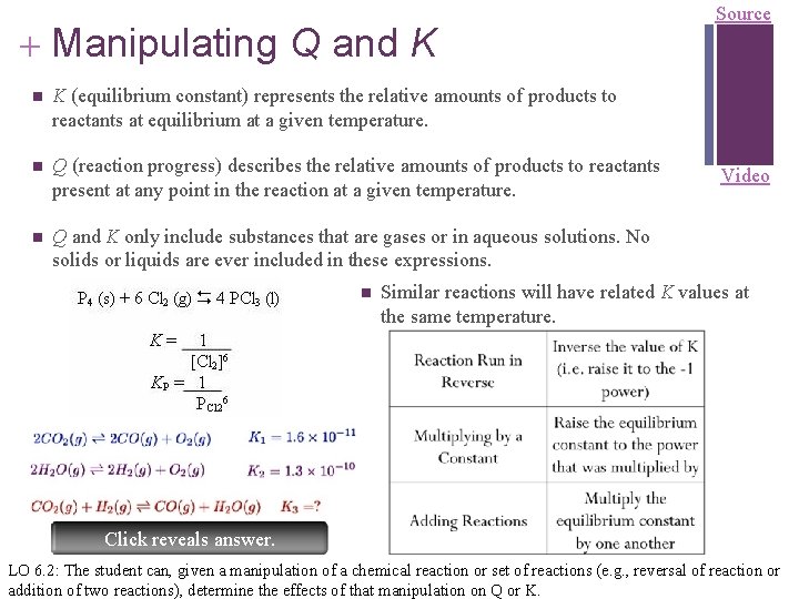 + Manipulating Q and K n K (equilibrium constant) represents the relative amounts of