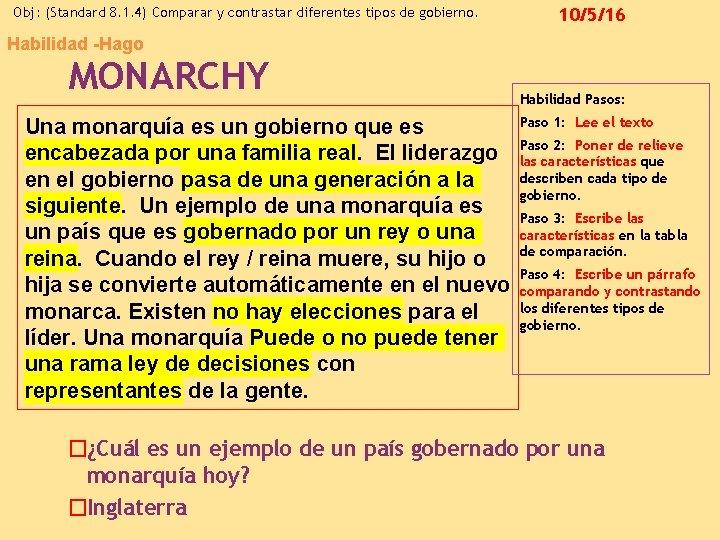 Obj: (Standard 8. 1. 4) Comparar y contrastar diferentes tipos de gobierno. 10/5/16 Habilidad