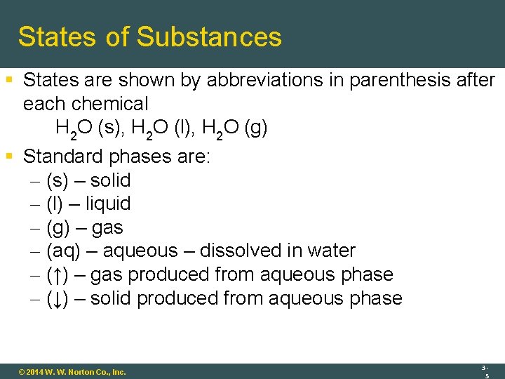 States of Substances States are shown by abbreviations in parenthesis after each chemical H