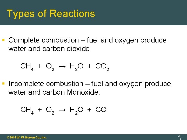 Types of Reactions Complete combustion – fuel and oxygen produce water and carbon dioxide: