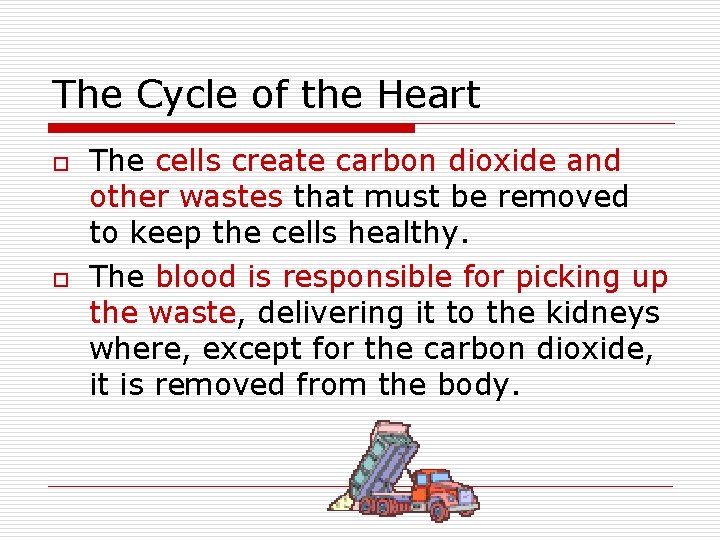 The Cycle of the Heart o o The cells create carbon dioxide and other
