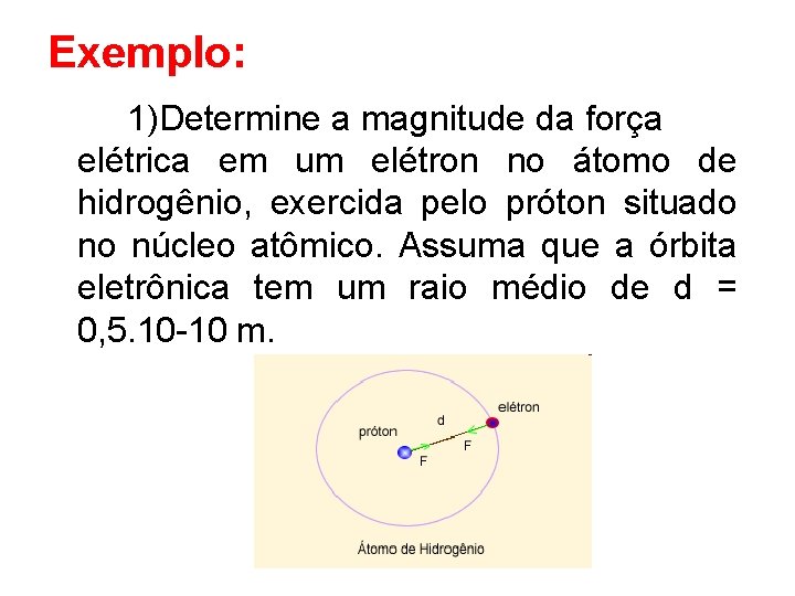 Exemplo: 1)Determine a magnitude da força elétrica em um elétron no átomo de hidrogênio,