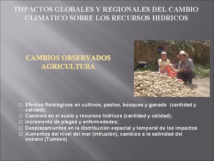 IMPACTOS GLOBALES Y REGIONALES DEL CAMBIO CLIMATICO SOBRE LOS RECURSOS HIDRICOS CAMBIOS OBSERVADOS AGRICULTURA