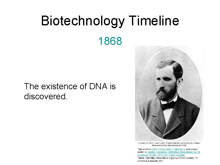 Biotechnology Timeline 1868 The existence of DNA is discovered. 