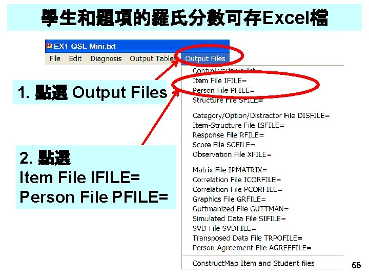 學生和題項的羅氏分數可存Excel檔 1. 點選 Output Files 2. 點選 Item File IFILE= Person File PFILE= 55