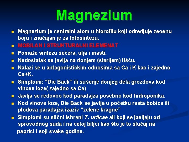 Magnezium Magnezium je centralni atom u hlorofilu koji odredjuje zeoenu boju i značajan je