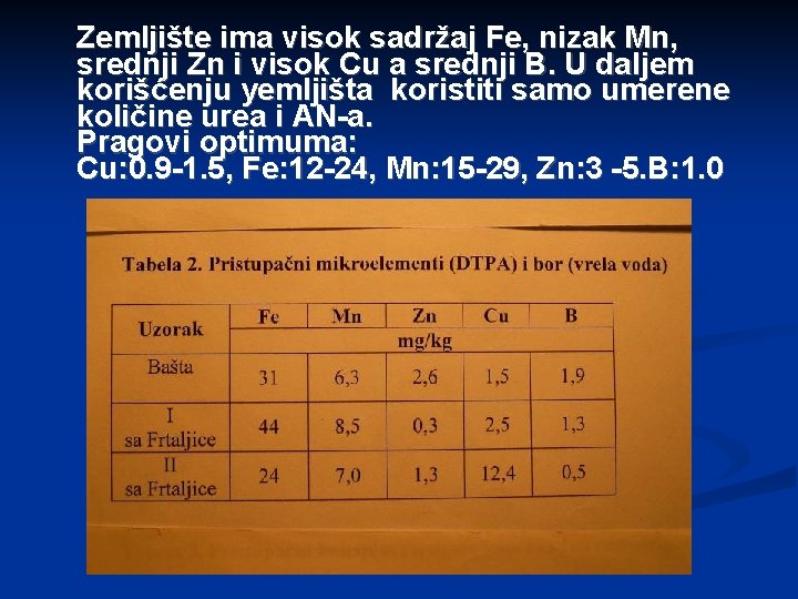 Zemljište ima visok sadržaj Fe, nizak Mn, srednji Zn i visok Cu a srednji