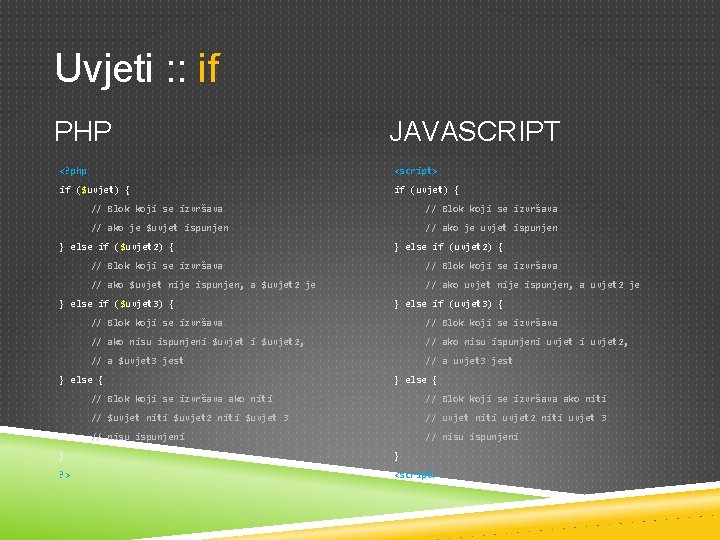 Uvjeti : : if PHP JAVASCRIPT <? php <script> if ($uvjet) { if (uvjet)