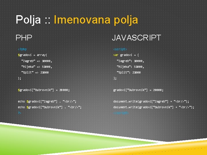 Polja : : Imenovana polja PHP JAVASCRIPT <? php <script> $gradovi = array( var