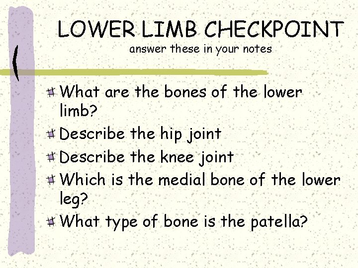 LOWER LIMB CHECKPOINT answer these in your notes What are the bones of the