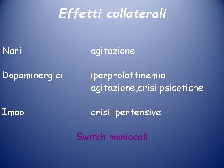 Effetti collaterali Nari agitazione Dopaminergici iperprolattinemia agitazione, crisi psicotiche Imao crisi ipertensive Switch maniacali