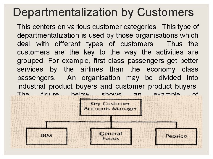 Departmentalization by Customers This centers on various customer categories. This type of departmentalization is Departmentalization by Customers This centers on various customer categories. This type of departmentalization is