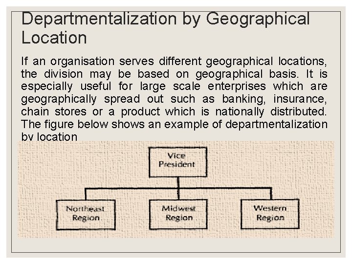 Departmentalization by Geographical Location If an organisation serves different geographical locations, the division may