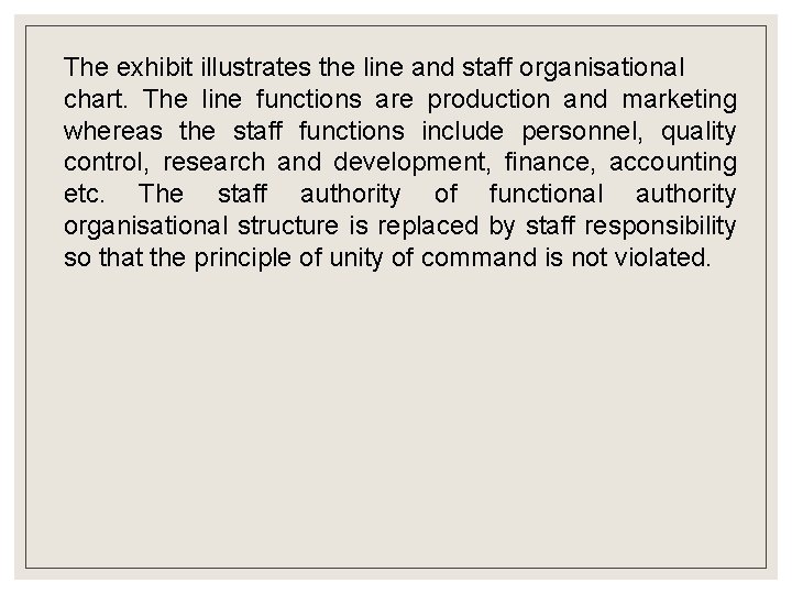 The exhibit illustrates the line and staff organisational chart. The line functions are production