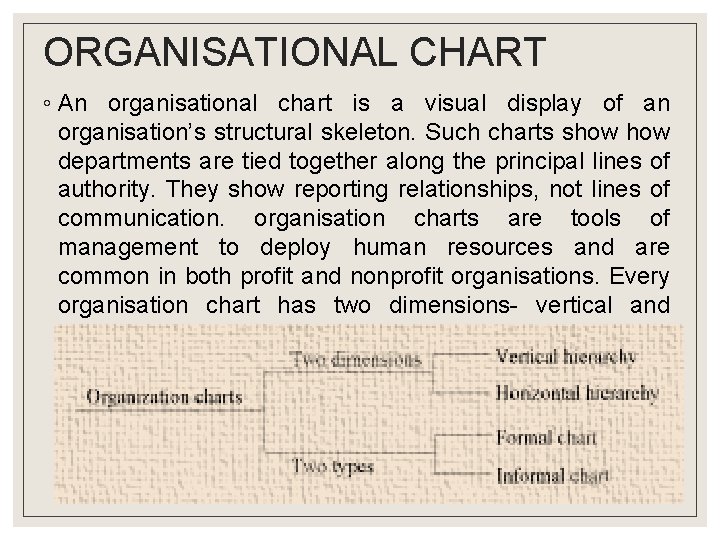 ORGANISATIONAL CHART ◦ An organisational chart is a visual display of an organisation’s structural