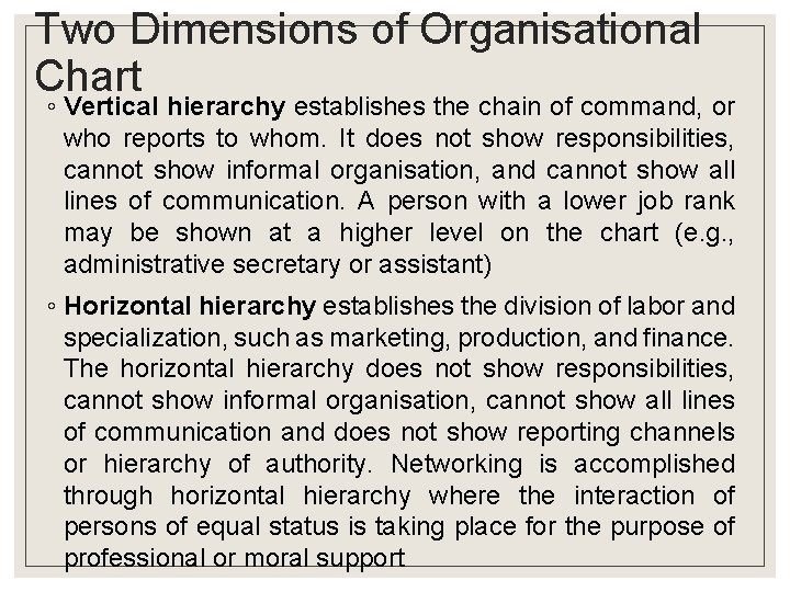 Two Dimensions of Organisational Chart ◦ Vertical hierarchy establishes the chain of command, or Two Dimensions of Organisational Chart ◦ Vertical hierarchy establishes the chain of command, or