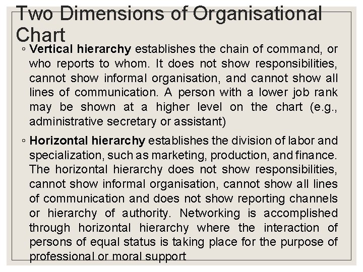 Two Dimensions of Organisational Chart ◦ Vertical hierarchy establishes the chain of command, or