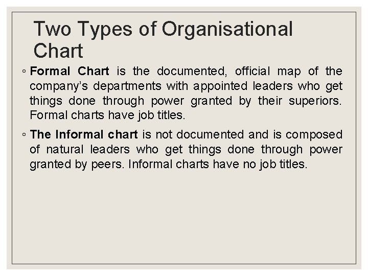 Two Types of Organisational Chart ◦ Formal Chart is the documented, official map of Two Types of Organisational Chart ◦ Formal Chart is the documented, official map of