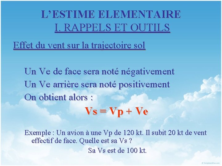 L’ESTIME ELEMENTAIRE I. RAPPELS ET OUTILS Effet du vent sur la trajectoire sol Un