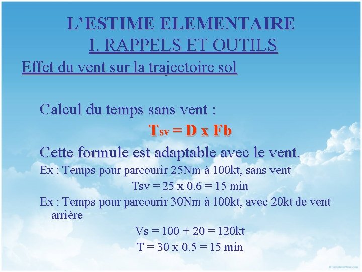 L’ESTIME ELEMENTAIRE I. RAPPELS ET OUTILS Effet du vent sur la trajectoire sol Calcul