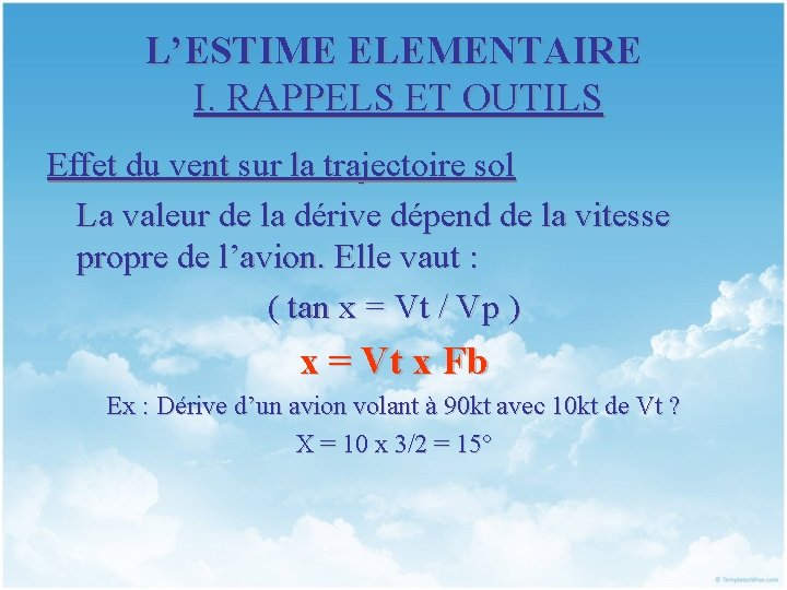 L’ESTIME ELEMENTAIRE I. RAPPELS ET OUTILS Effet du vent sur la trajectoire sol La