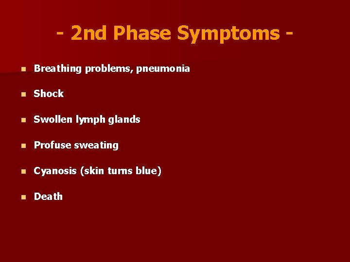 - 2 nd Phase Symptoms n Breathing problems, pneumonia n Shock n Swollen lymph