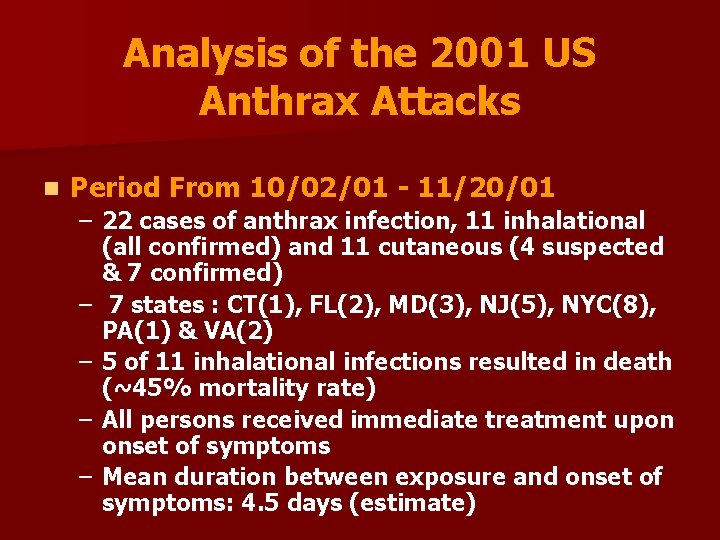 Analysis of the 2001 US Anthrax Attacks n Period From 10/02/01 - 11/20/01 –