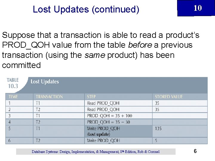 Lost Updates (continued) 10 Suppose that a transaction is able to read a product’s Lost Updates (continued) 10 Suppose that a transaction is able to read a product’s
