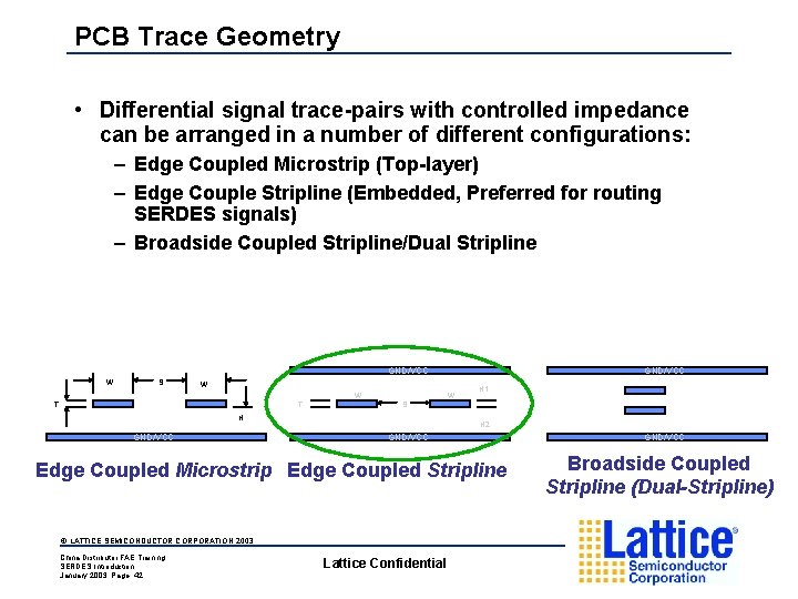 PCB Trace Geometry • Differential signal trace-pairs with controlled impedance can be arranged in