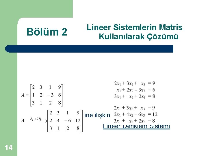 Bölüm 2 Lineer Sistemlerin Matris Kullanılarak Çözümü Lineer denklem sistemine ilişkin Arttırılmış matris 14