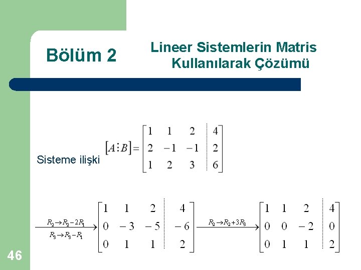 Bölüm 2 Lineer Sistemlerin Matris Kullanılarak Çözümü Sisteme ilişkin arttırılmış matris dir. Bu matrise