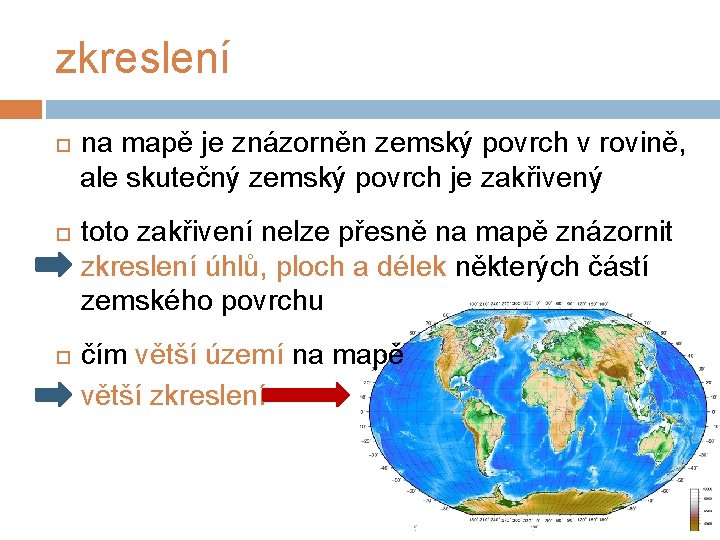 zkreslení na mapě je znázorněn zemský povrch v rovině, ale skutečný zemský povrch je