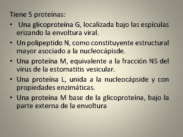 Tiene 5 proteínas: • Una glicoproteína G, localizada bajo las espículas erizando la envoltura